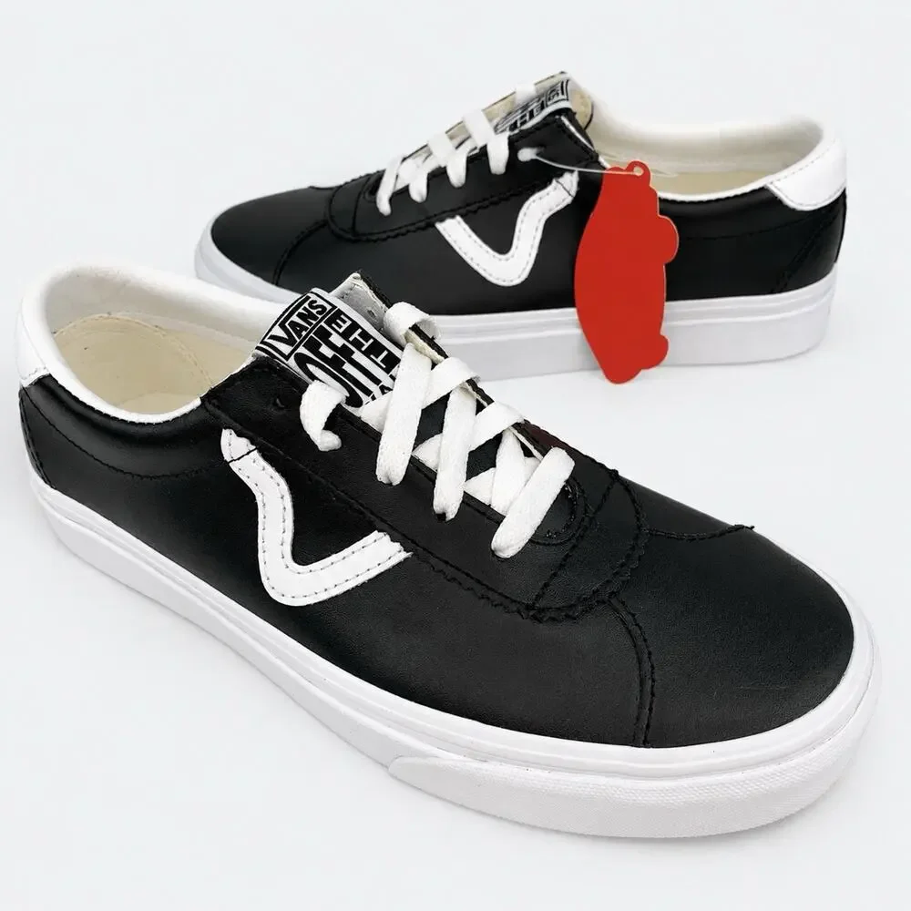 Vans Sport Leather Sneakers Women’s 8 Men’s 6.5 Black White Flying V NWOB